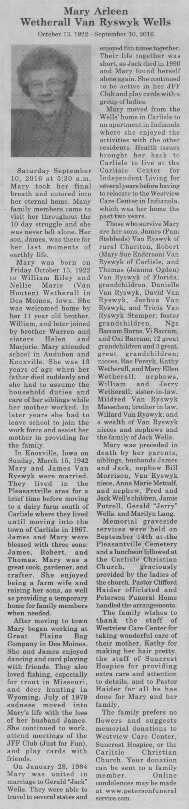 Mary Wells obituary