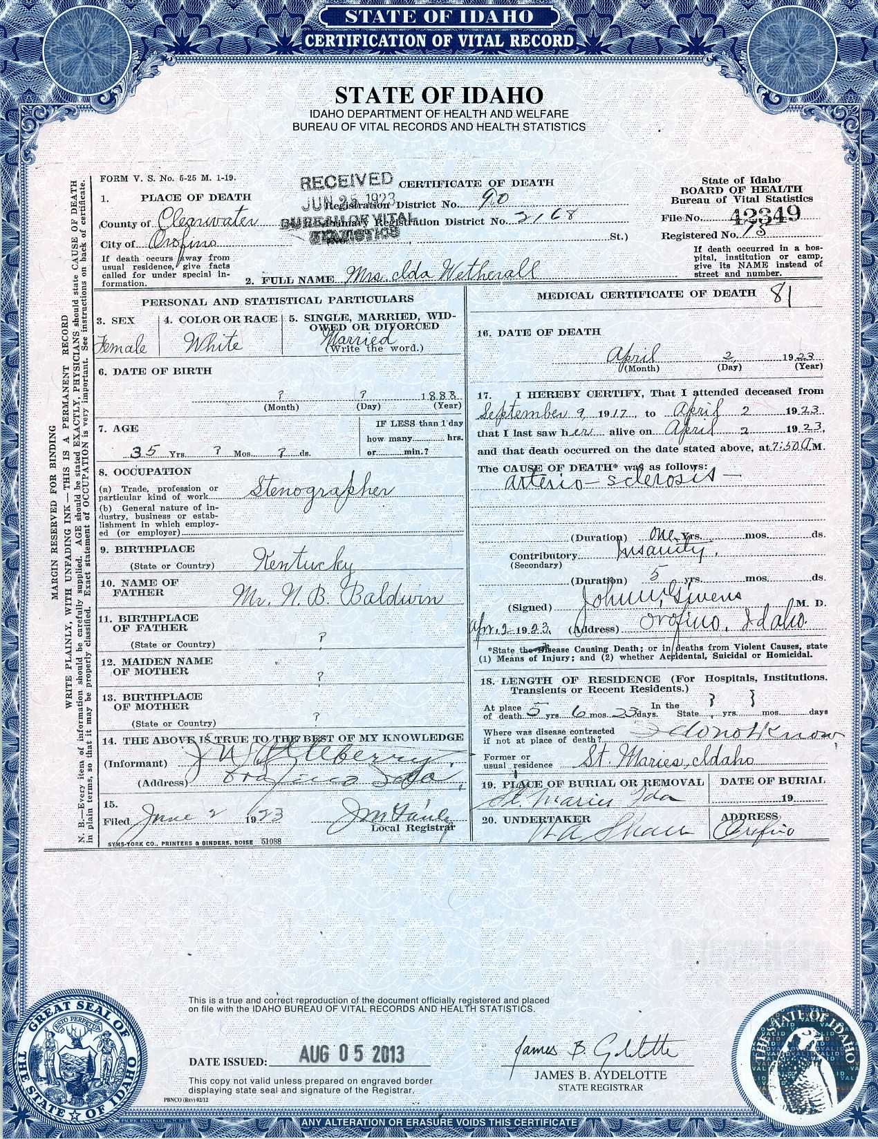Ida's death certificate